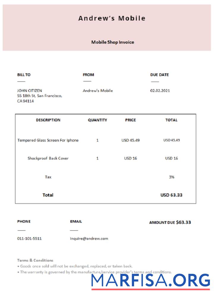 Printable USA Andrew’s Mobile invoice template